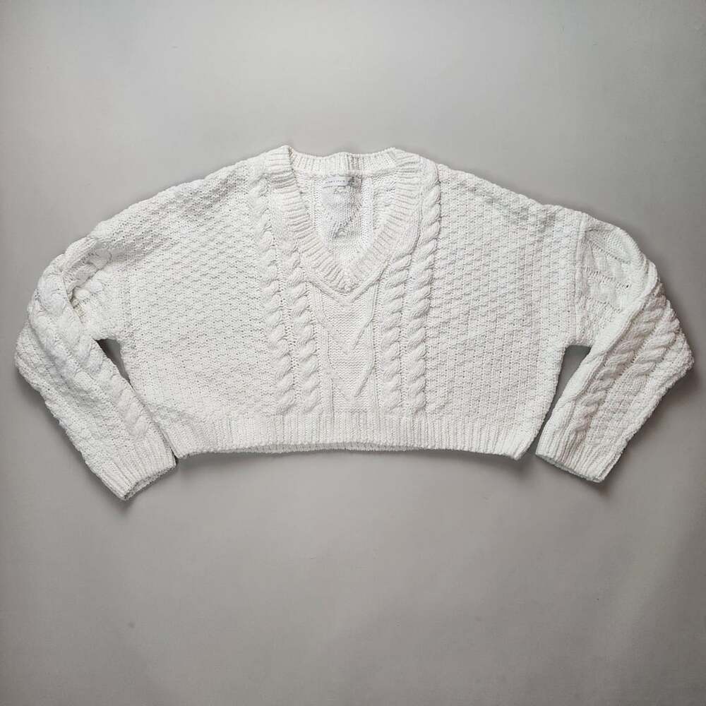 Altar'd State Cable Knit V-Neck Sweater Size L White Cropped Pullover